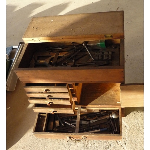 34 - Craftsman made small wooden tool chest with six drawers and a small cupboard door