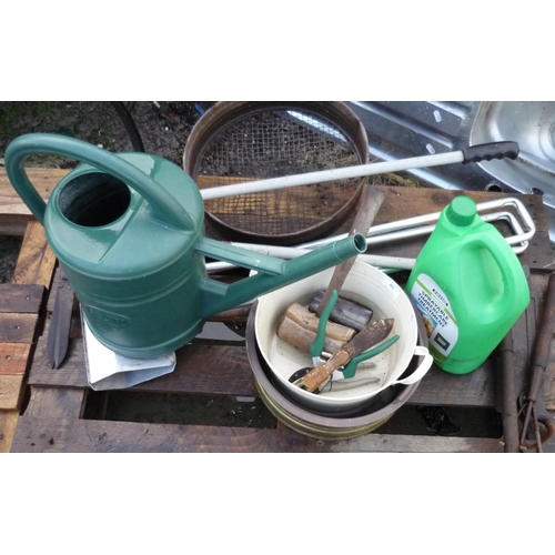 48 - Selection of various outdoor tools including a watering can, soil sifter etc