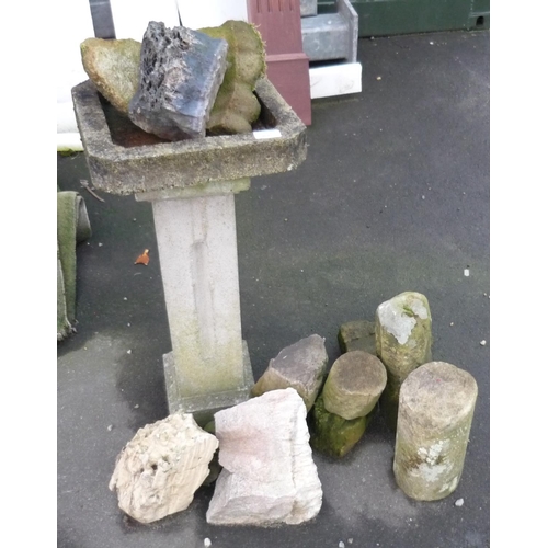 83 - Concrete bird bath and  selection of various small dressed garden stones