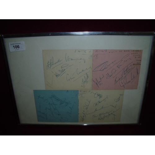 106 - Framed and mounted autograph pages for England and Australia Cricket Team 1956, England won by an in... 