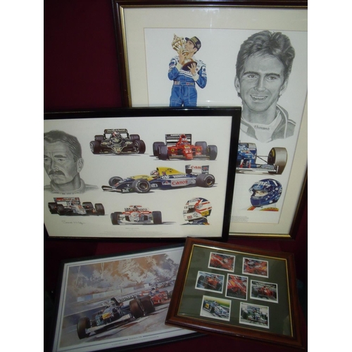 114 - Selection of various F1 racing related prints including a tribute to Nigel Mansell, signed artist pr... 