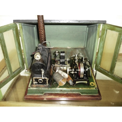 165 - Early 20th Century vintage scale stationary Steam Engine with 2 volt .01 amp, mounted on wooden plin... 