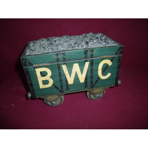 68 - Unusual 19th/20th C tea caddy in the form of a railway coal goods wagon, with painted detail for EWC... 