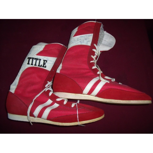 86 - Pair of red title boxing boots singled by various boxers including Bill  Chambers, Davey Holland, Pa... 