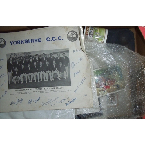 89 - Selection of Yorkshire cricket related items including signed cricket team photo 1972, West Indies s... 