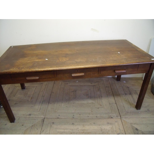 361 - Early-mid 20th C oak rectangular office type table with three drawers, on square supports (183cm x 8... 