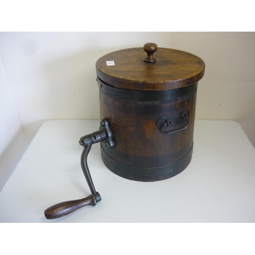 17 - Good example of a coopered wooden butter churn with turning handle complete with internal mechanism,... 