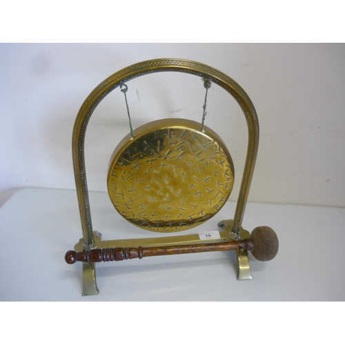19 - Early 20th C brass dinner gong on stand with (36cm high)
