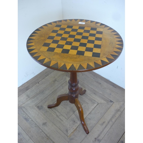 290 - Victorian circular top games table with inlaid marquetry chessboard detail with outer border, on tur... 