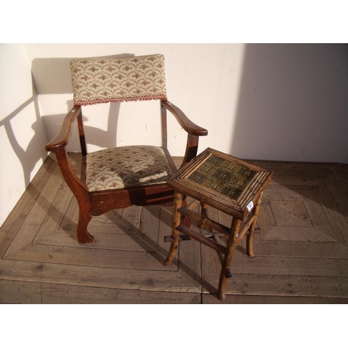 293 - Victorian bamboo tile top jardinière stand and a early 20th C oak framed armchair (2)