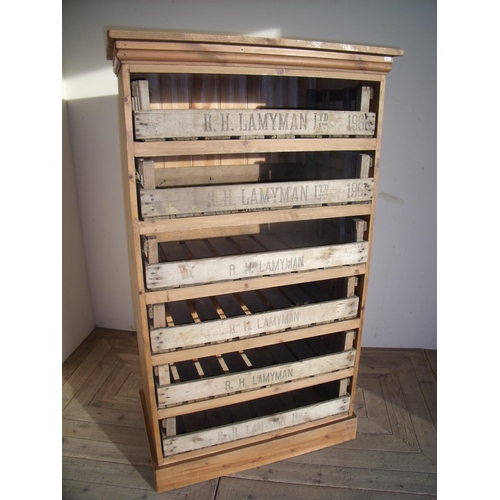 299 - Pine six tier storage/vegetable rack with slide out vintage vegetable trays (87cm x 51cm x 152cm)