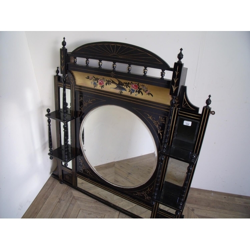 336 - Victorian ebonised and gilt work over mantel mirror with painted bird & floral pattern detail, with ... 