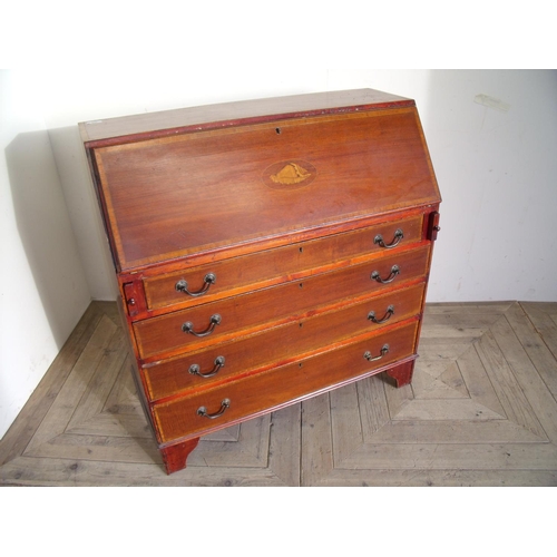 337 - Edwardian mahogany inlaid bureau with cross banded detail, with fall front above four drawers (width... 