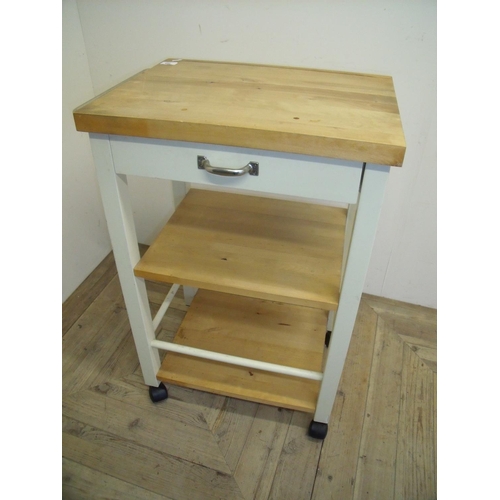 366 - Peach and cream painted three tier kitchen utility trolley (59cm x 43cm x 85cm)