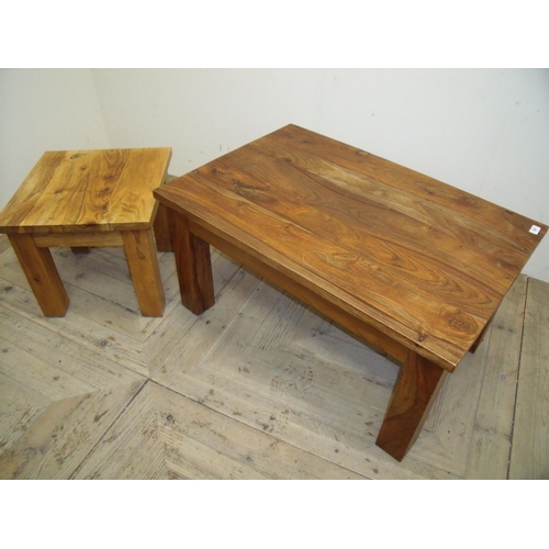 367 - Rectangular hardwood coffee table on square supports and a matching square top occasional table (2)