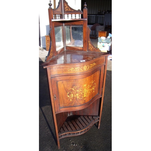 368 - Victorian rosewood inlaid floor standing corner cabinet, with two bevelled edged mirrored panels to ... 