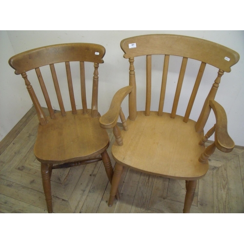 381 - Beech farmhouse style kitchen armchair with H shaped under stretcher and another similar single chai... 