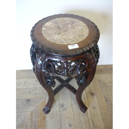 387 - Chinese hardwood circular top jardinière stand with inset marble panel (diameter 30cm, 60cm high)