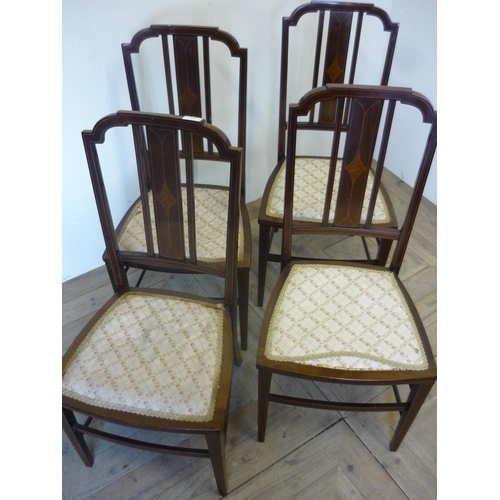 388 - Set of four Edwardian mahogany inlaid chairs with upholstered seats