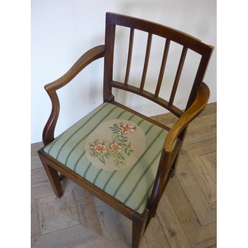 389 - 19th C country style mahogany armchair with drop-in wool work upholstered seat, on square supports a... 