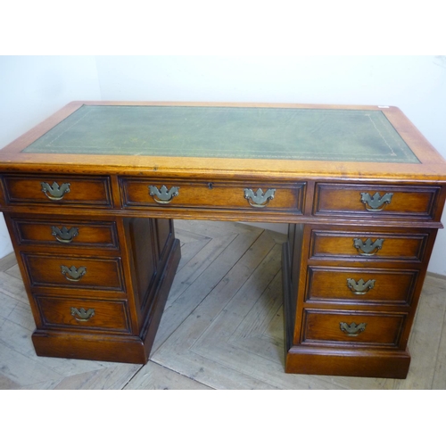 390 - Superb quality golden oak twin pedestal desk with green leather insert top, handmade by Stanley Crum... 