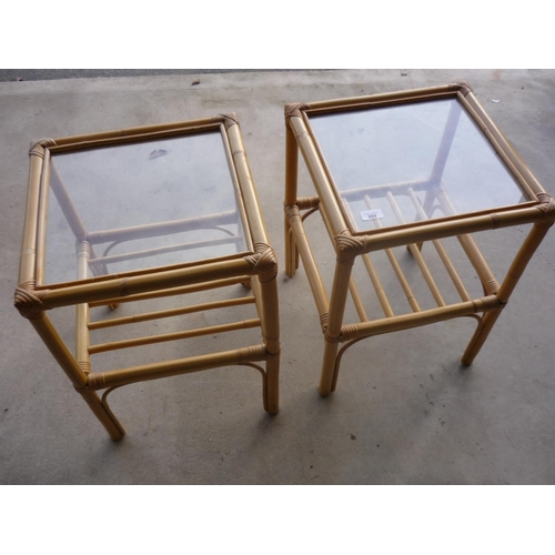 392 - Pair of bamboo and cane work conservatory style two tier occasional tables with glass inset tops