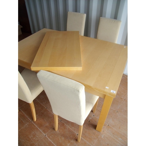 396 - Modern beech rectangular extending dining table and set of four chairs with cream coloured upholster... 