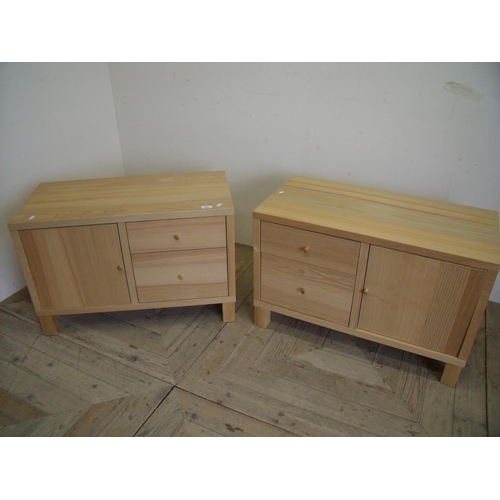 397 - Pair of modern beech laminate side cabinets with single cupboard door and two drawers (80 x 40 x 52c... 