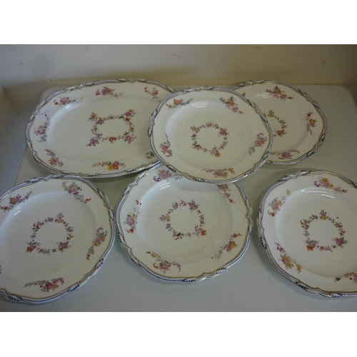 4 - Set of five late 19th C continental dinner plates painted with floral detail, the underside marked 9... 