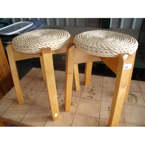 405 - Pair of beech rope work topped stools and a tile top kitchen table