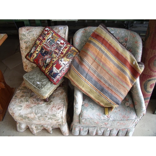 406 - Early - mid 20th C armchair, another nursing type chair, footstool and a selection of woven cushions