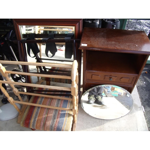 407 - Two drawer side cabinet, 1930's bevel edged wall mirror, upholstered top footstool, towel rail, wall... 