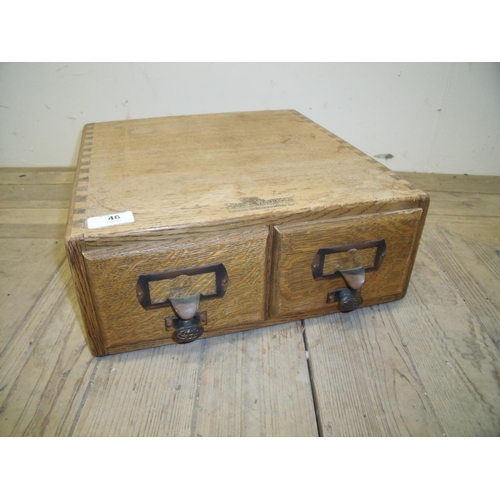 46 - Edwardian light oak two drawer desktop filing cabinet (34cm x 37cm x 13cm) with stencilled maker's n... 