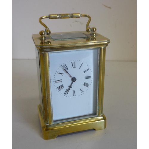 5 - Small brass cased carriage clock with white enamel dial (12cm high)