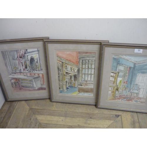 51 - Set of three watercolours depicting the interior of The Wrea Head Country House Hotel Scalby, which ... 