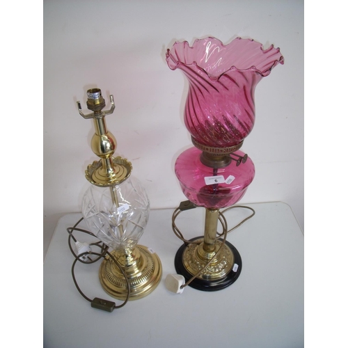 6 - Victorian style cranberry glass electric lamp in the form of an oil lamp and another brass & cut gla... 