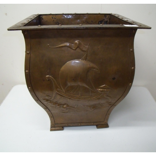 62 - Early 20th C copper style jardinière with embossed detail of shipping scenes and studded detail, on ... 