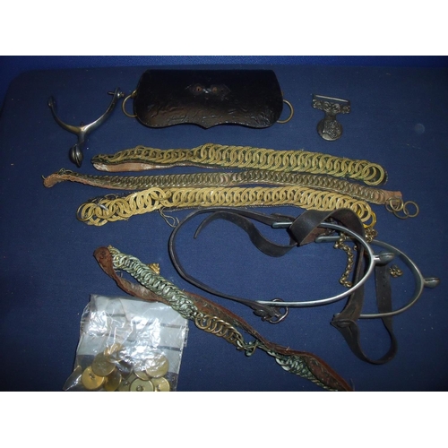 105 - Pair of Cavalry Type spurs, part chin straps, a leather cross over belt pouch, gilt buttons, single ... 