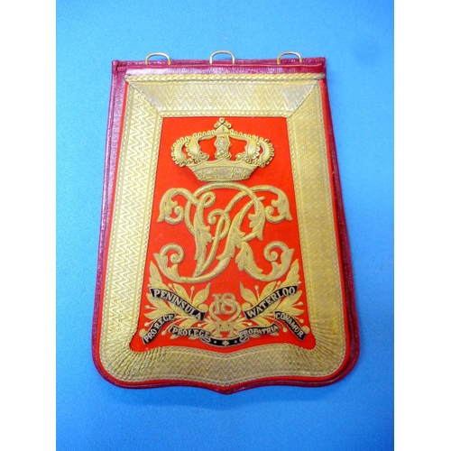 107 - Victorian 18th Hussars officers sabretache with Coat of Arms against red velvet background and gilt ... 