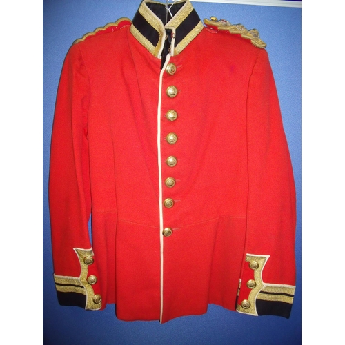163 - Pre WWI Officer's scarlet dress tunic with black cuffs and collar with gold coloured embroidered bro... 