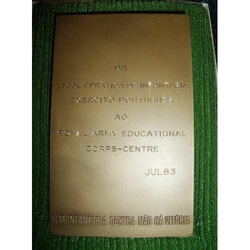 23 - Cased Portuguese Infantry bronze plaque with inscription to the back for The Royal Army Education Co... 