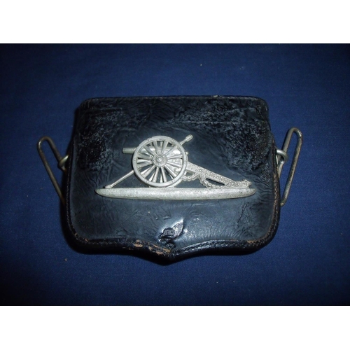 26 - Late 19th C officers small black leather pouch of The Volunteer Artillery, with silver plated cannon... 