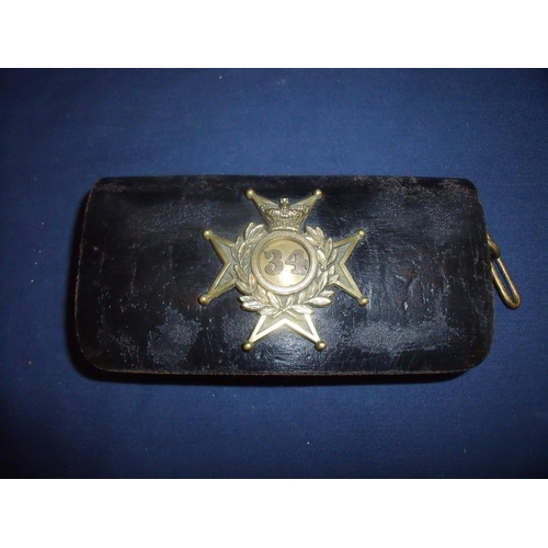 27 - Victorian 34th (Cumberland) Regiment pouch with gilt metal flap badge and belt strap mounts of recta... 