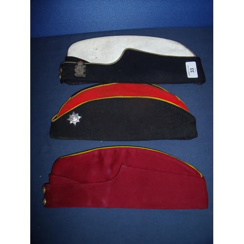 33 - Royal Hussars field service side cap with embroidered badge and two other side caps (3)