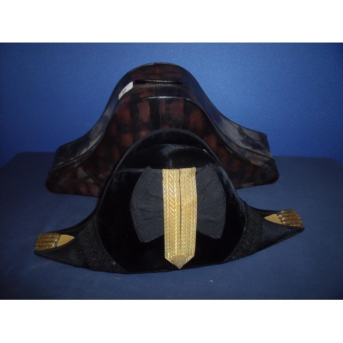 37 - Naval officers bicorn hat with gilt braided mounts at fore and aft peaks with central braid and silk... 