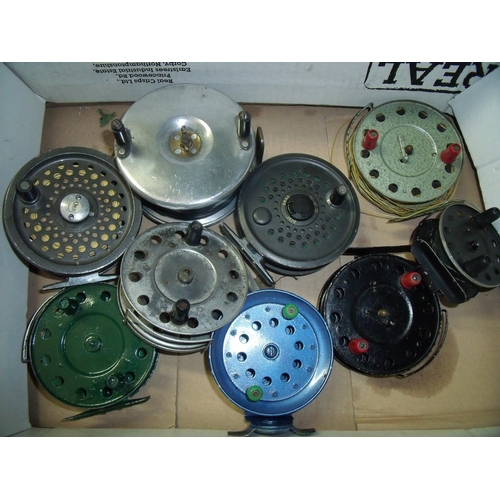 Collection of centre pin fishing reels including Eton Sun, BFR Dragonfly  Cartridge 395 etc.