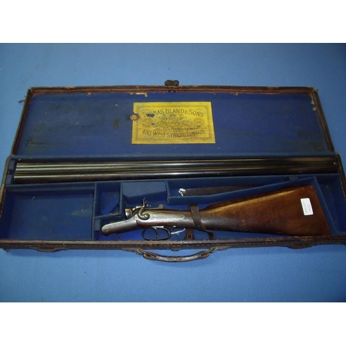 783 - Cased Thomas Bland & Son 12 bore side by side hammer gun with 30 inch barrels and 15 inch straight t... 