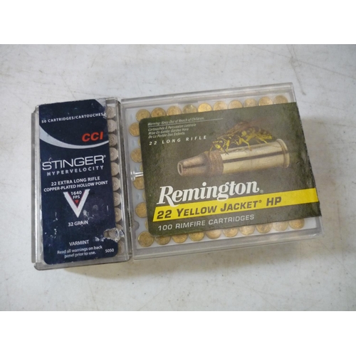 890 - 100 Remington .22 yellow jacket long rifle rounds and 50 Stinger .22 extra long rifle rounds (sectio... 