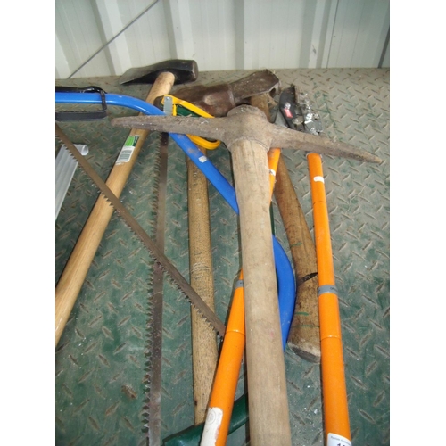 13 - Selection of outdoor tools including pickaxe, axes, sledge hammer etc