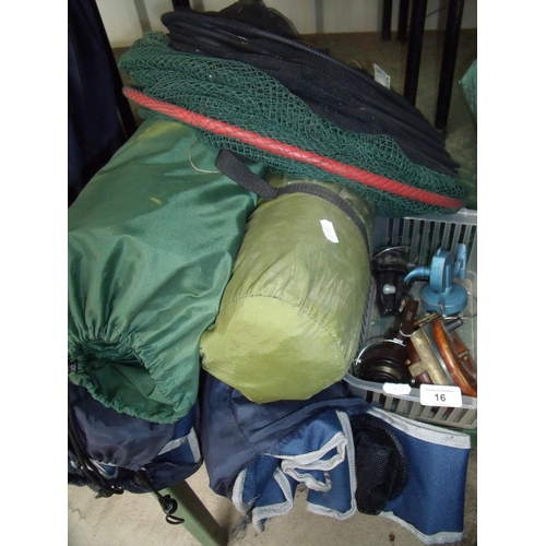 16 - Selection of fishing reels, nets, fishing shelter, inflatable mattress and two folding chairs